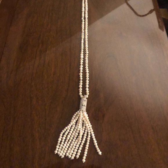 Freshwater Pearl, Sterling and Malachite Tassel Necklace - Picture 1 of 4